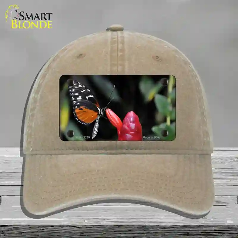 HAT09-MLP-11235 Butterfly on Red Flower Novelty License Plate Hat, Unconstructed Cotton - Khaki