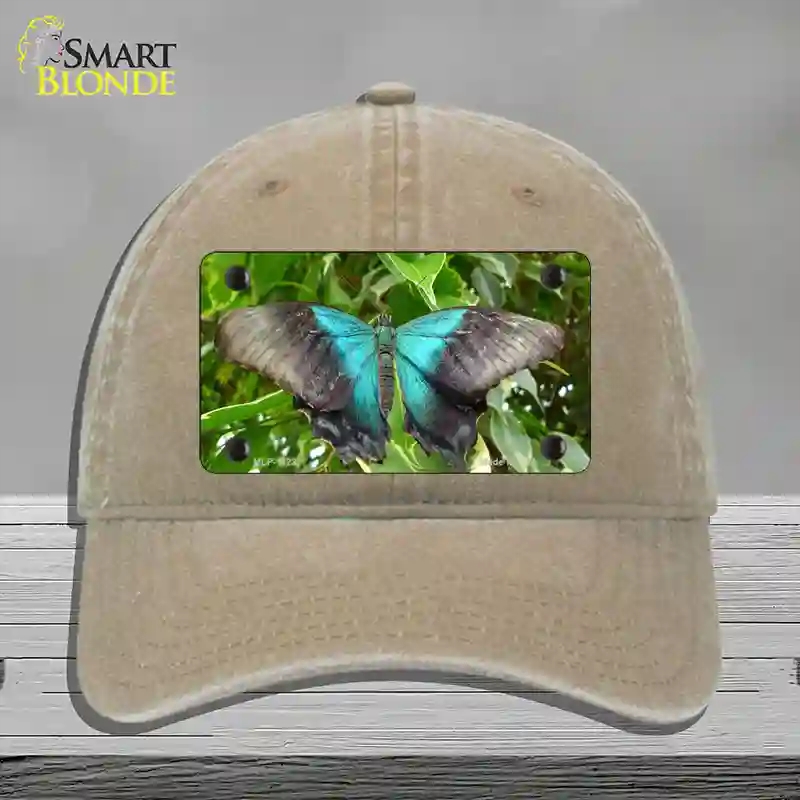 HAT09-MLP-11237 Butterfly Blue & Black Novelty License Plate Hat, Unconstructed Cotton - Khaki