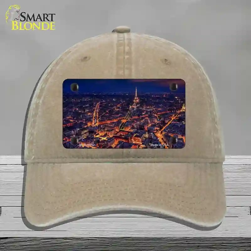 HAT09-MLP-11252 Paris At Night Eiffel Tower in Center Novelty License Plate Hat, Unconstructed Cotton - Khaki