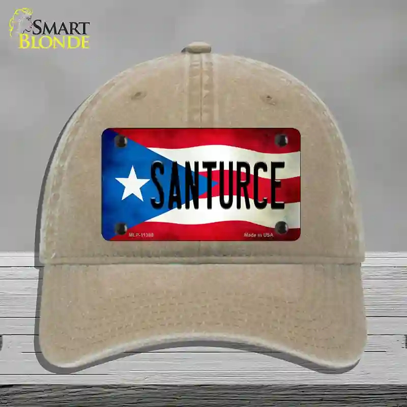 HAT09-MLP-11399 Santurce Puerto Rico Flag Novelty License Plate Hat, Unconstructed Cotton - Khaki