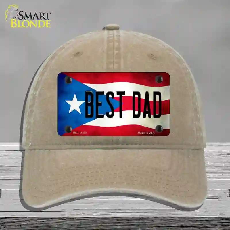 HAT09-MLP-11404 Best Dad Puerto Rico Flag Novelty License Plate Hat, Unconstructed Cotton - Khaki