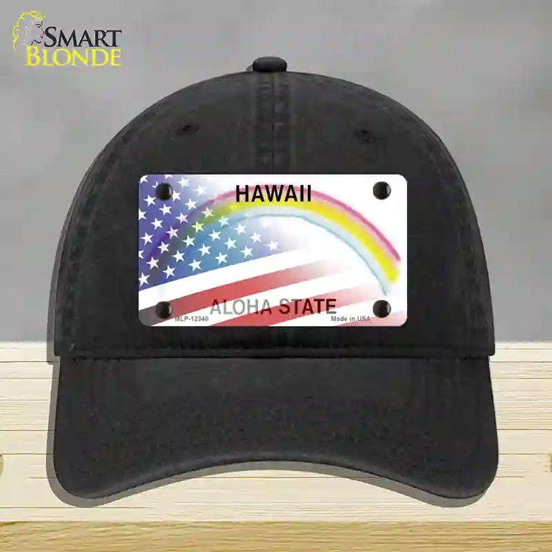 HAT07-MLP-12340 Hawaii with American Flag Novelty License Plate Hat, Unconstructed Cotton - Black