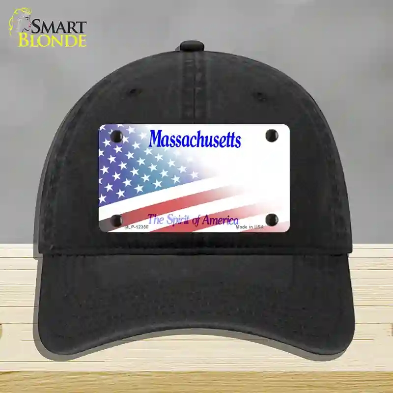HAT07-MLP-12350 Massachusetts with American Flag Novelty License Plate Hat, Unconstructed Cotton - Black