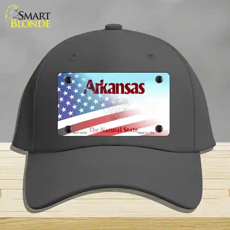 HAT04-MLP-12332 Arkansas with American Flag Novelty License Plate Hat, Cotton - Gray
