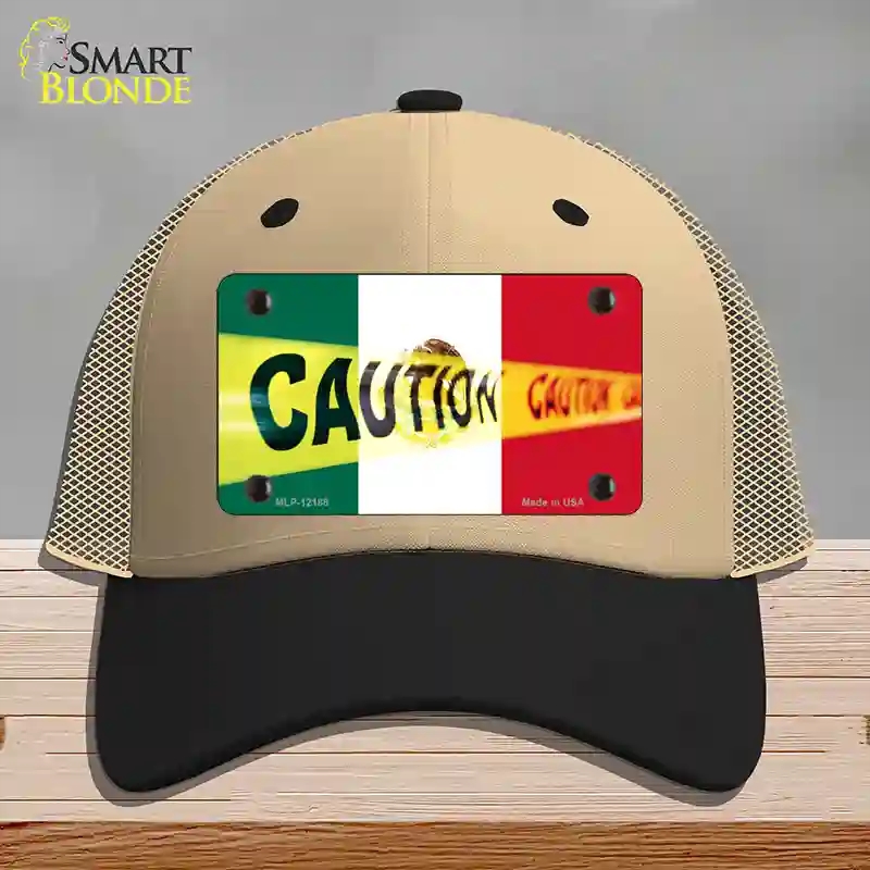 HAT02-MLP-12188 Caution Mexico Flag Novelty License Plate Hat, Mesh - Khaki & Black