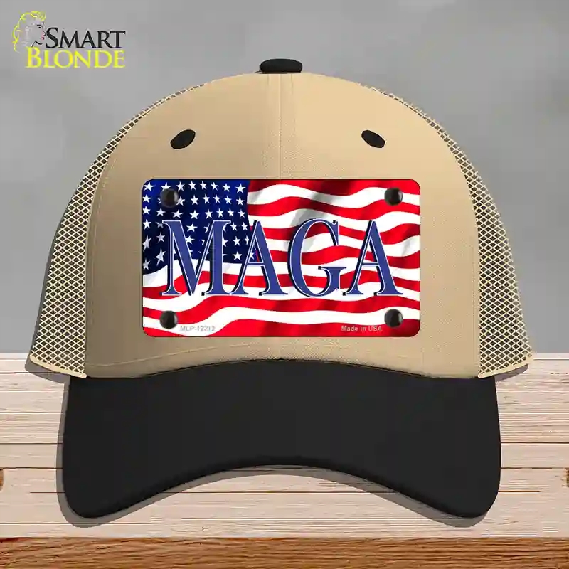 HAT02-MLP-12212 MAGA Flag Novelty License Plate Hat, Mesh - Khaki & Black