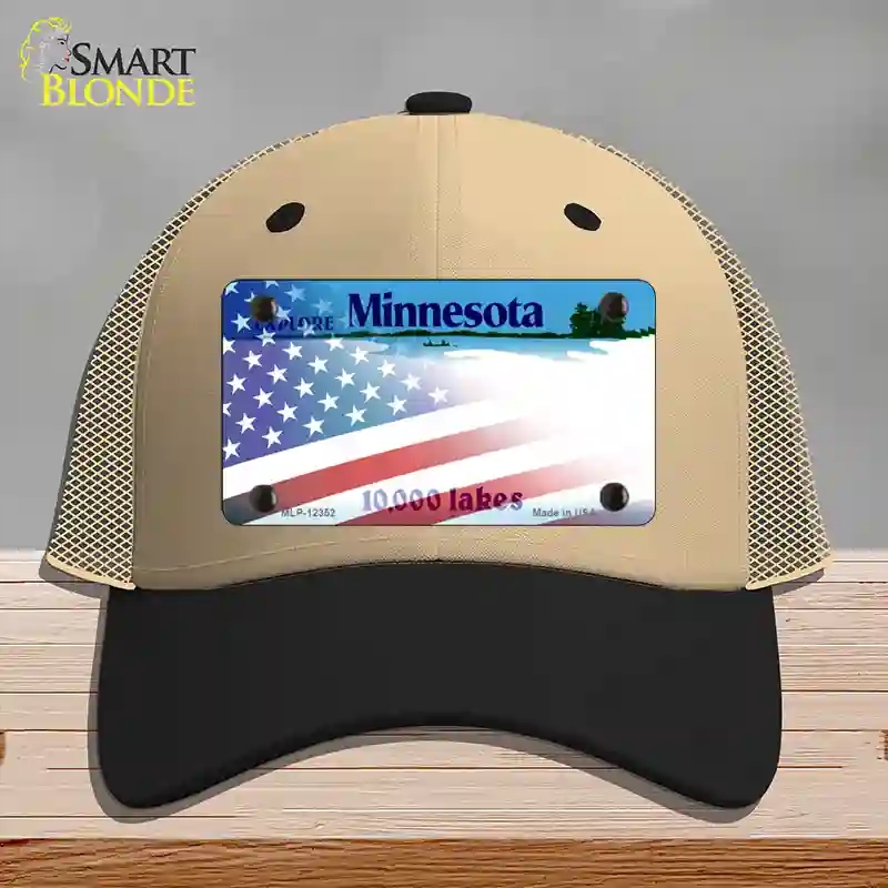 HAT02-MLP-12352 Minnesota with American Flag Novelty License Plate Hat, Mesh - Khaki & Black
