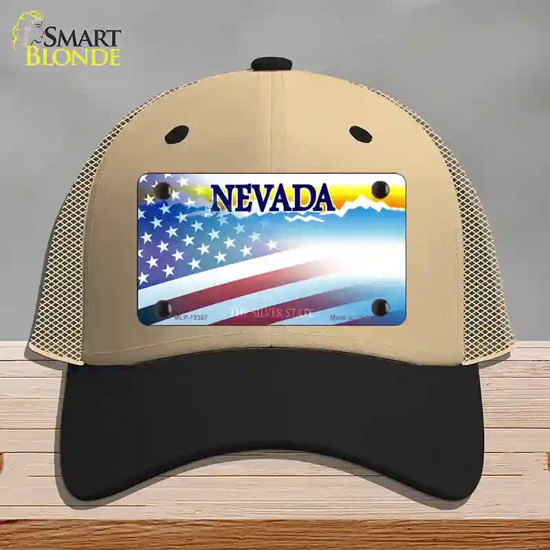 HAT02-MLP-12357 Nevada with American Flag Novelty License Plate Hat, Mesh - Khaki & Black