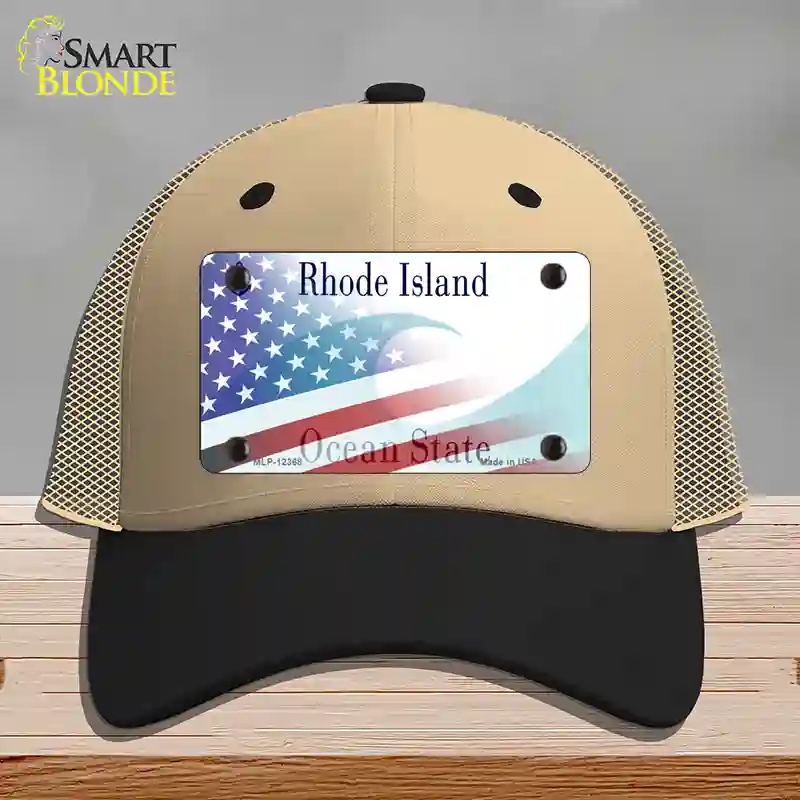 HAT02-MLP-12368 Rhode Island with American Flag Novelty License Plate Hat, Mesh - Khaki & Black
