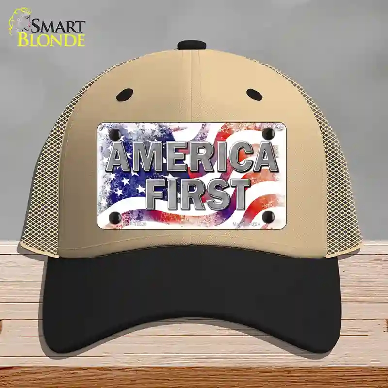 HAT02-MLP-12520 America First Novelty License Plate Hat, Mesh - Khaki & Black