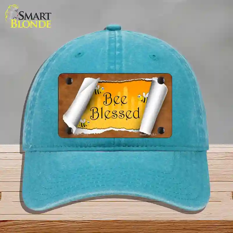 HAT10-MLP-11724 Bee Blessed Scroll Novelty License Plate Hat, Unconstructed Cotton - Lake Blue
