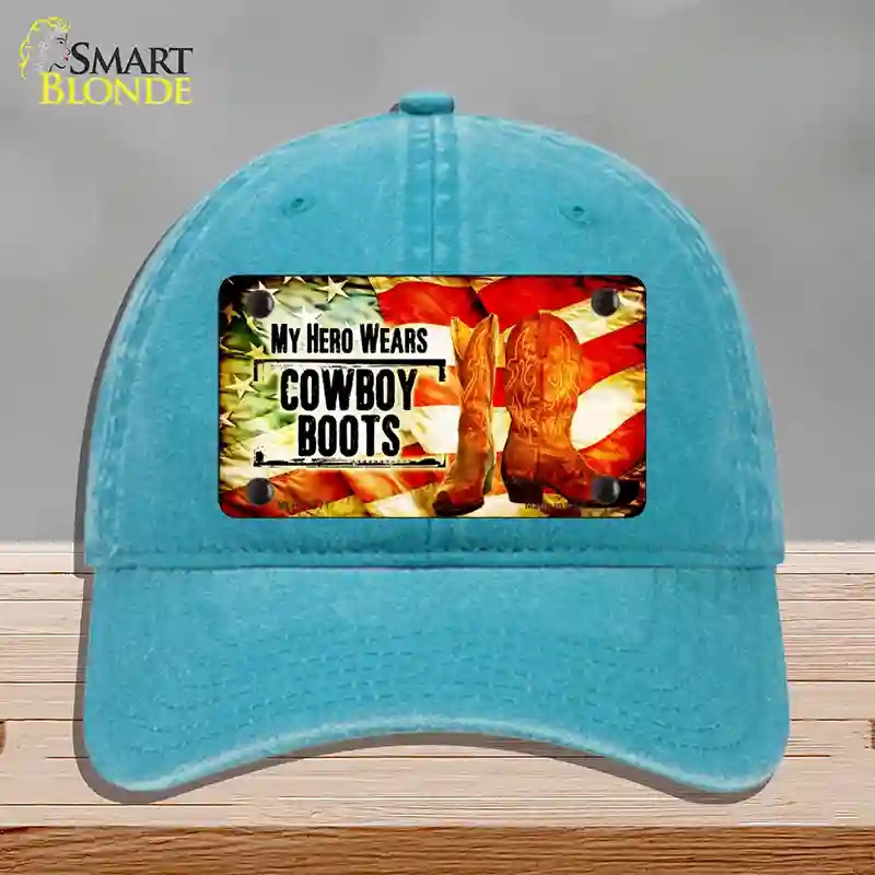 HAT10-MLP-11771 My Hero Wears Cowboy Boots Novelty License Plate Hat, Unconstructed Cotton - Lake Blue