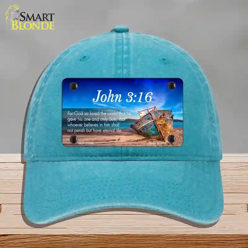HAT10-MLP-11868 John 3 16 Beach Novelty License Plate Hat, Unconstructed Cotton - Lake Blue