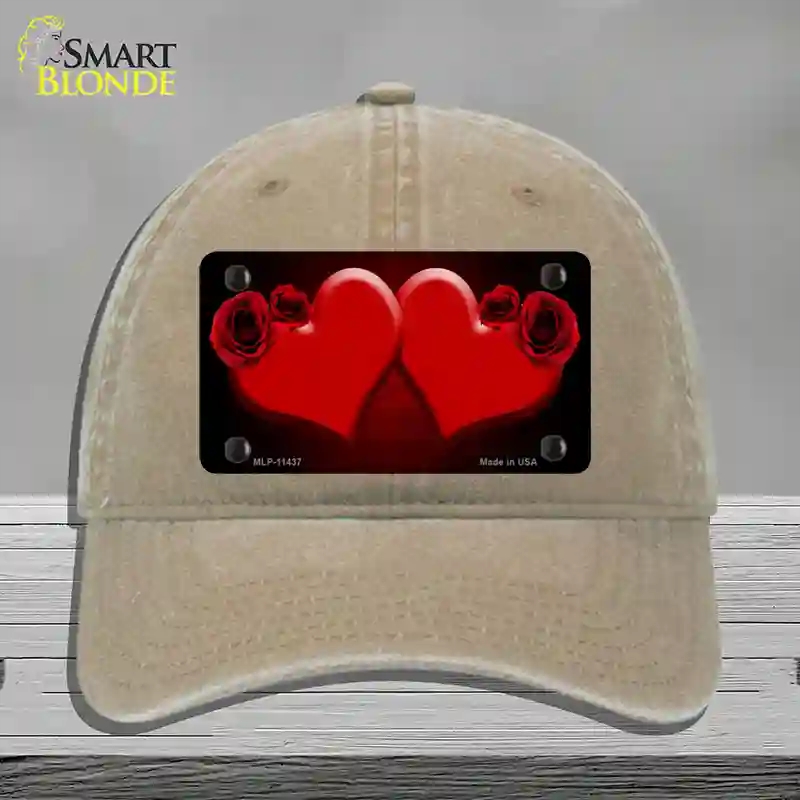 HAT09-MLP-11437 Hearts Over Roses in Red Novelty License Plate Hat, Unconstructed Cotton - Khaki