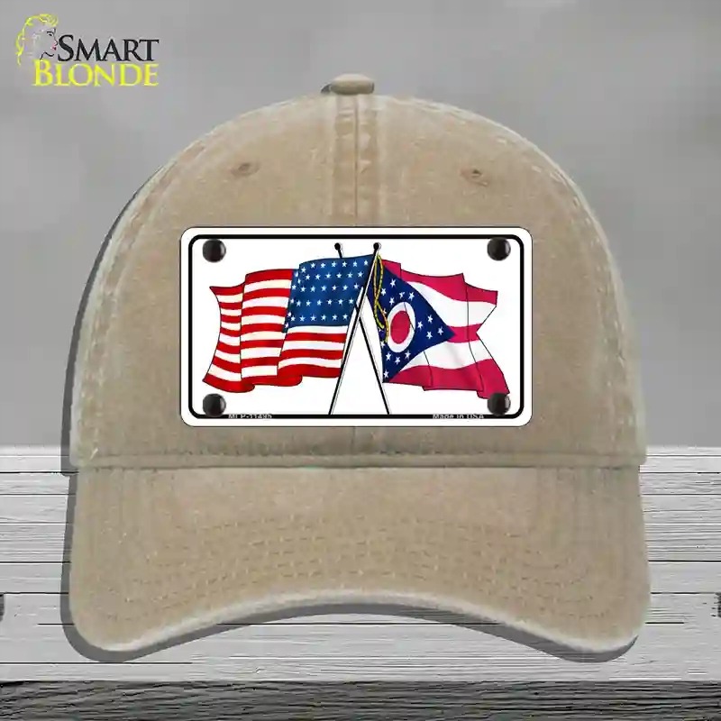 HAT09-MLP-11495 Ohio Crossed US Flag Novelty License Plate Hat, Unconstructed Cotton - Khaki