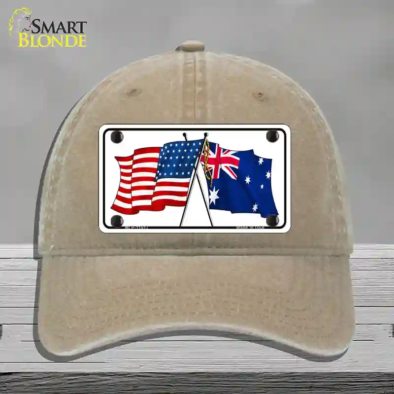 HAT09-MLP-11517 Australia Crossed US Flag Novelty License Plate Hat, Unconstructed Cotton - Khaki