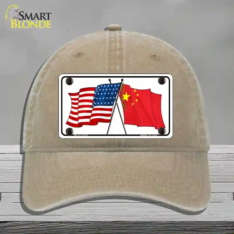 HAT09-MLP-11521 China Crossed US Flag Novelty License Plate Hat, Unconstructed Cotton - Khaki