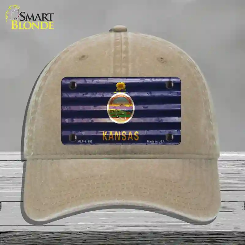 HAT09-MLP-11957 Kansas Corrugated Flag Novelty License Plate Hat, Unconstructed Cotton - Khaki