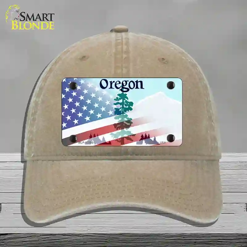 HAT09-MLP-12366 Oregon with American Flag Novelty License Plate Hat, Unconstructed Cotton - Khaki