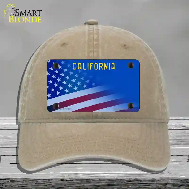 HAT09-MLP-12437 California with Blue Novelty License Plate Hat, Unconstructed Cotton - Khaki