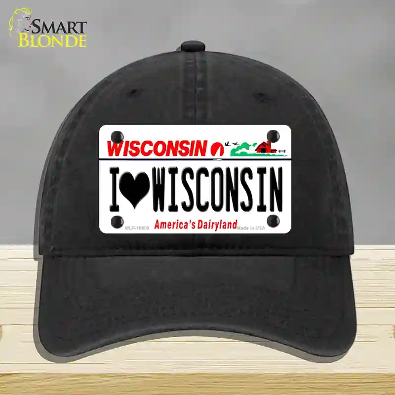 HAT07-MLP-10609 I Love Wisconsin Novelty License Plate Hat, Unconstructed Cotton - Black