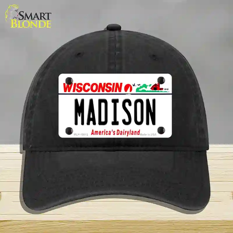 HAT07-MLP-10612 Madison Wisconsin Novelty License Plate Hat, Unconstructed Cotton - Black