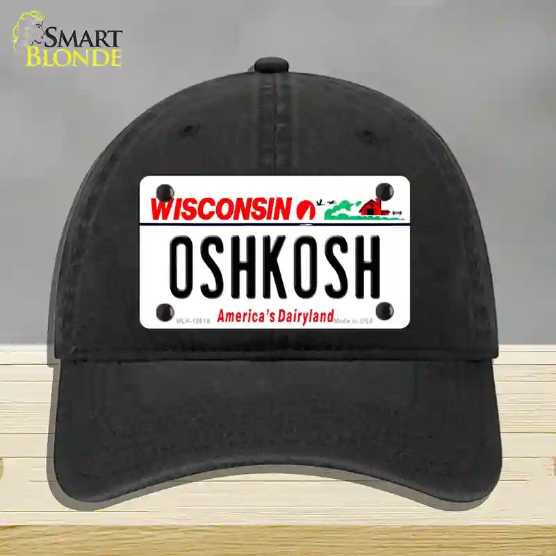 HAT07-MLP-10619 Oshkosh Wisconsin Novelty License Plate Hat, Unconstructed Cotton - Black