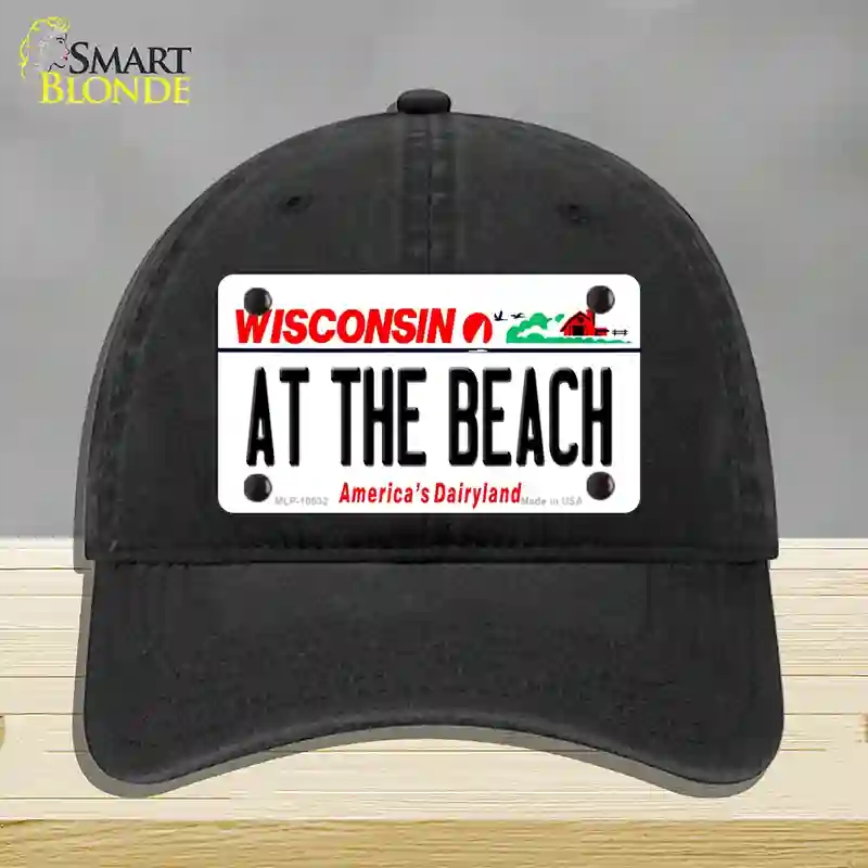 HAT07-MLP-10632 At the Beach Wisconsin Novelty License Plate Hat, Unconstructed Cotton - Black