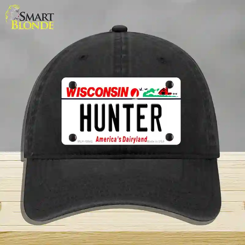 HAT07-MLP-10642 Hunter Wisconsin Novelty License Plate Hat, Unconstructed Cotton - Black