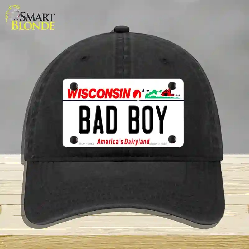 HAT07-MLP-10652 Bad Boy Wisconsin Novelty License Plate Hat, Unconstructed Cotton - Black