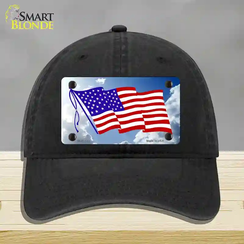 HAT07-MLP-1211 American Flag Cloud Novelty License Plate Hat, Unconstructed Cotton - Black