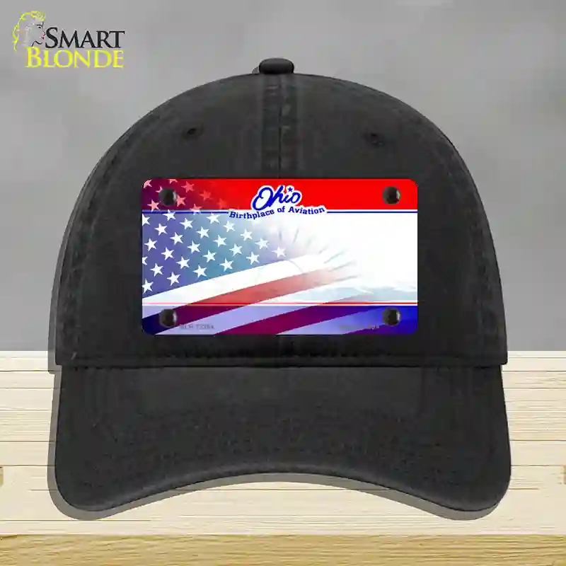 HAT07-MLP-12364 Ohio with American Flag Novelty License Plate Hat, Unconstructed Cotton - Black
