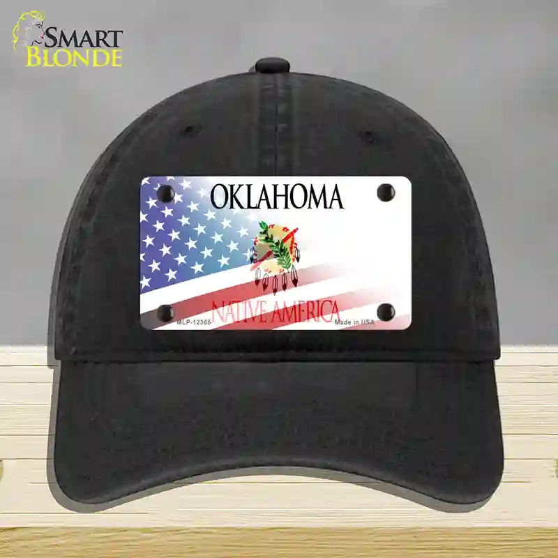 HAT07-MLP-12365 Oklahoma with American Flag Novelty License Plate Hat, Unconstructed Cotton - Black