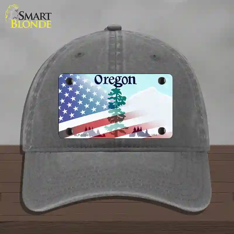 HAT08-MLP-12366 Oregon with American Flag Novelty License Plate Hat, Unconstructed Cotton - Charcoal