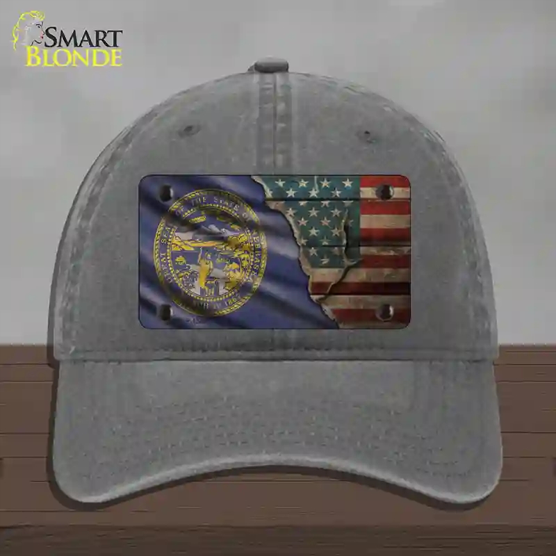 HAT08-MLP-12406 Nebraska & American Flag Novelty License Plate Hat, Unconstructed Cotton - Charcoal