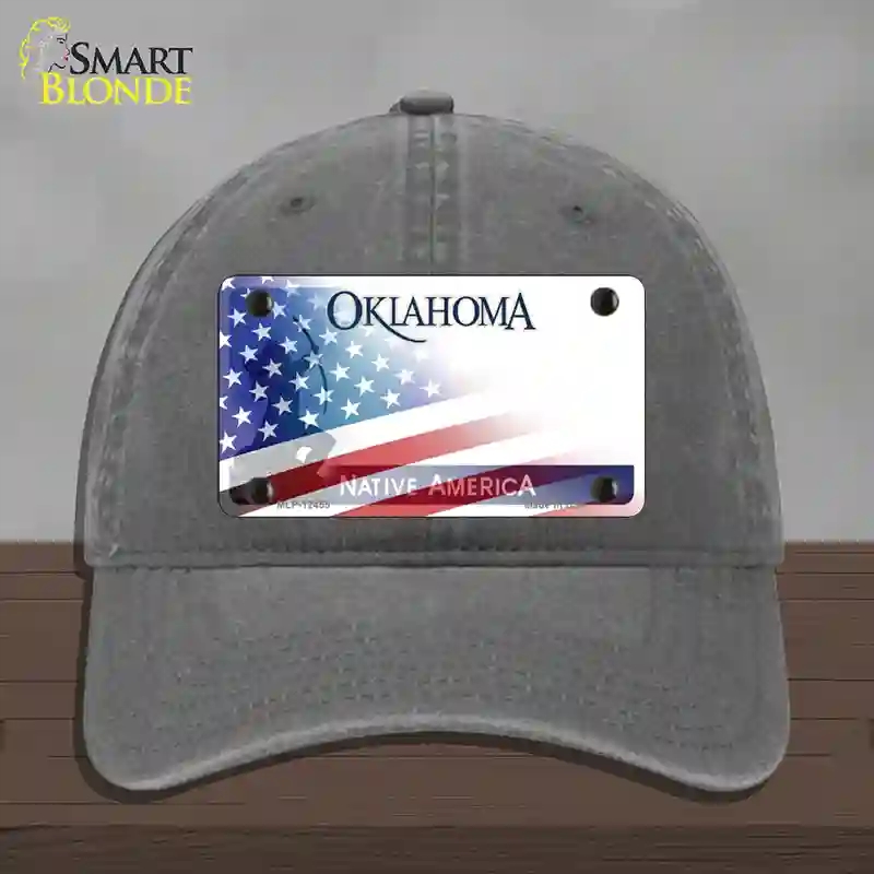 HAT08-MLP-12455 Oklahoma Bow with American Flag Novelty License Plate Hat, Unconstructed Cotton - Charcoal