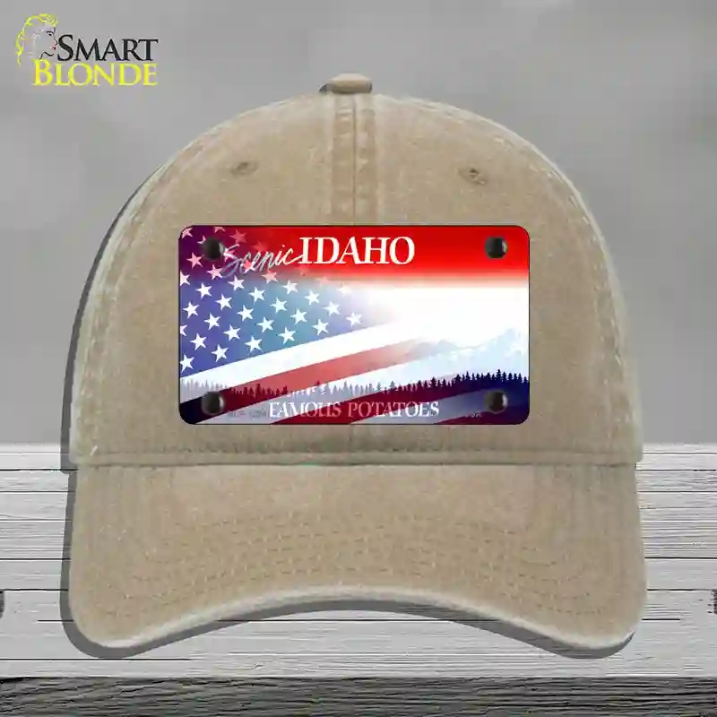 HAT09-MLP-12341 Idaho with American Flag Novelty License Plate Hat, Unconstructed Cotton - Khaki