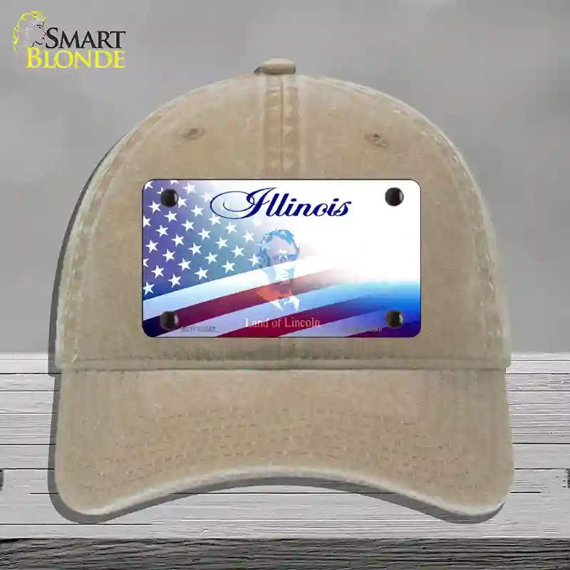 HAT09-MLP-12342 Illinois with American Flag Novelty License Plate Hat, Unconstructed Cotton - Khaki