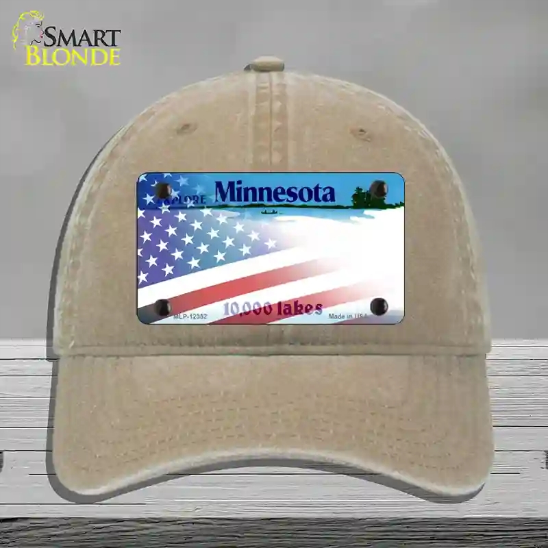 HAT09-MLP-12352 Minnesota with American Flag Novelty License Plate Hat, Unconstructed Cotton - Khaki