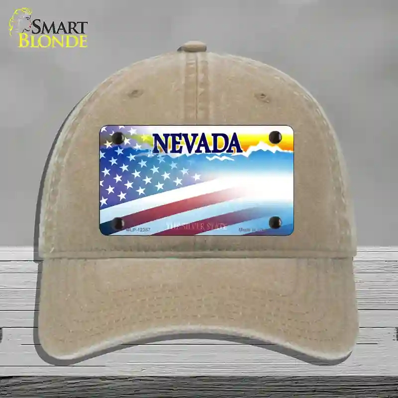 HAT09-MLP-12357 Nevada with American Flag Novelty License Plate Hat, Unconstructed Cotton - Khaki