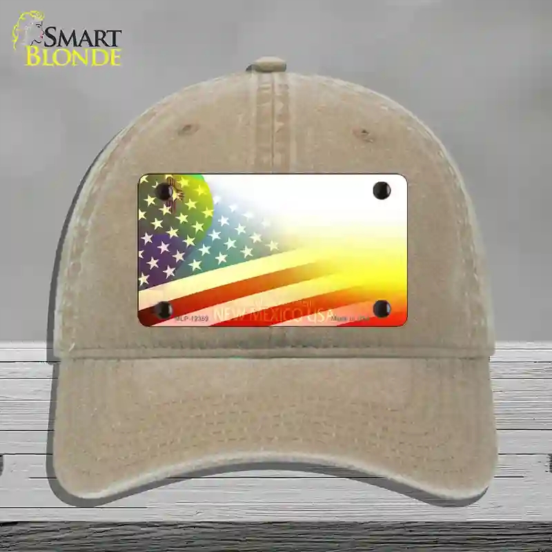 HAT09-MLP-12359   Mexico with American Flag Novelty License Plate Hat, Unconstructed Cotton - Khaki