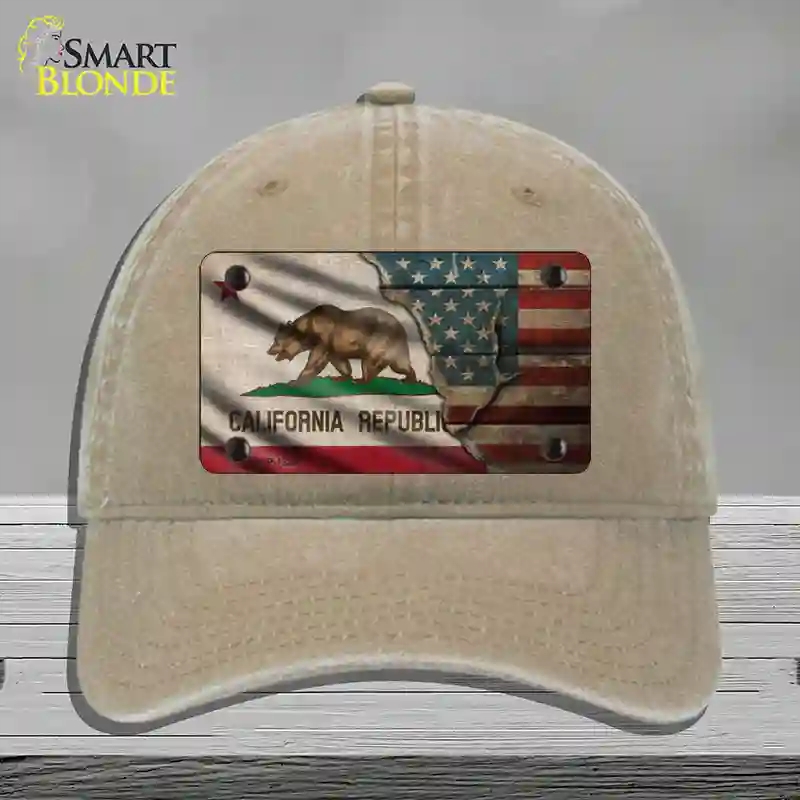 HAT09-MLP-12384 California & American Flag Novelty License Plate Hat, Unconstructed Cotton - Khaki