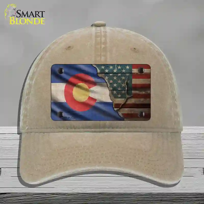 HAT09-MLP-12385 Colorado & American Flag Novelty License Plate Hat, Unconstructed Cotton - Khaki