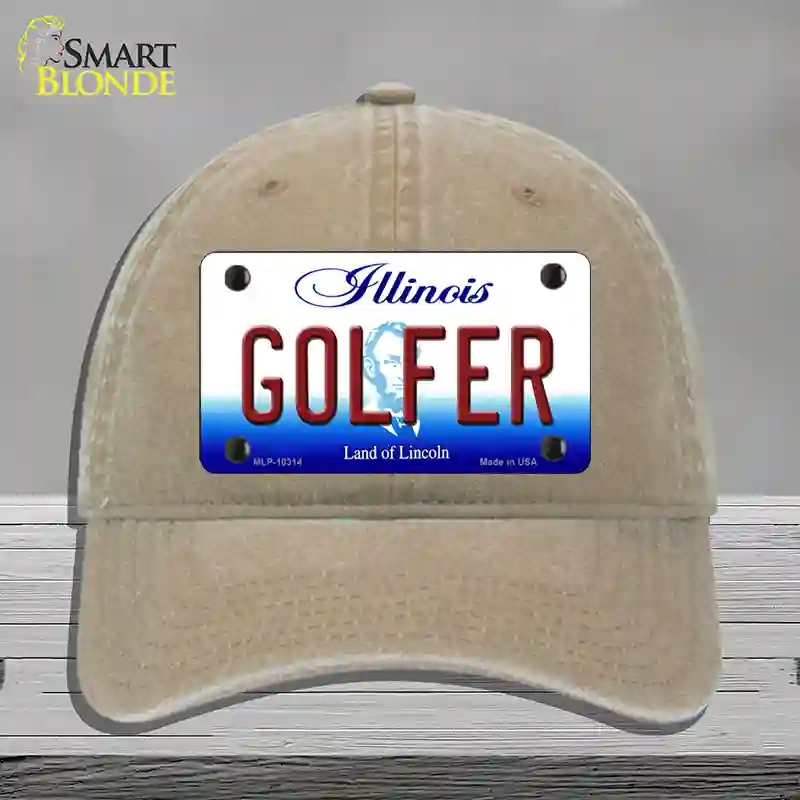 HAT09-MLP-10314 Golfer Illinois Novelty License Plate Hat, Unconstructed Cotton - Khaki