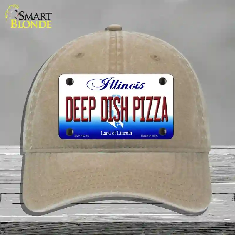 HAT09-MLP-10315 Deep Dish Pizza Illinois Novelty License Plate Hat, Unconstructed Cotton - Khaki