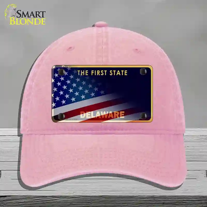 HAT12-MLP-12337 Delaware with American Flag Novelty License Plate Hat, Unconstructed Cotton - Pink