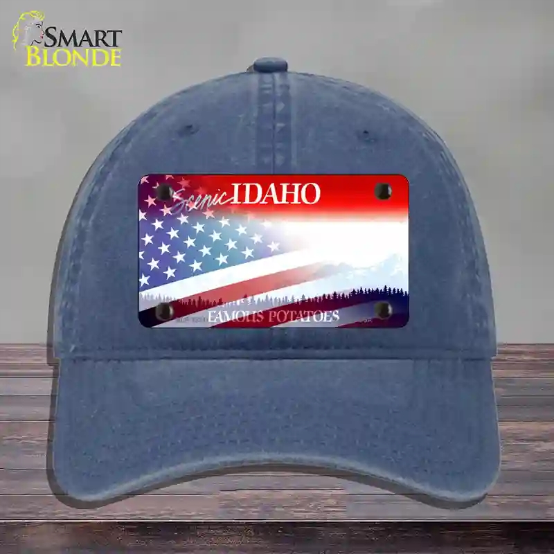 HAT11-MLP-12341 Idaho with American Flag Novelty License Plate Hat, Unconstructed Cotton - Navy