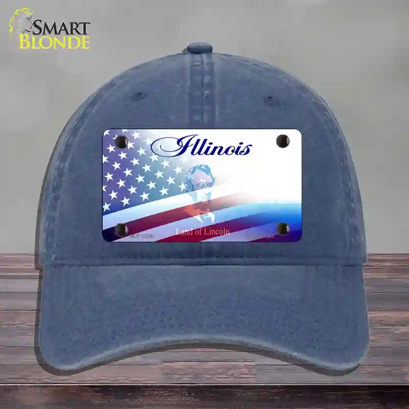 HAT11-MLP-12342 Illinois with American Flag Novelty License Plate Hat, Unconstructed Cotton - Navy