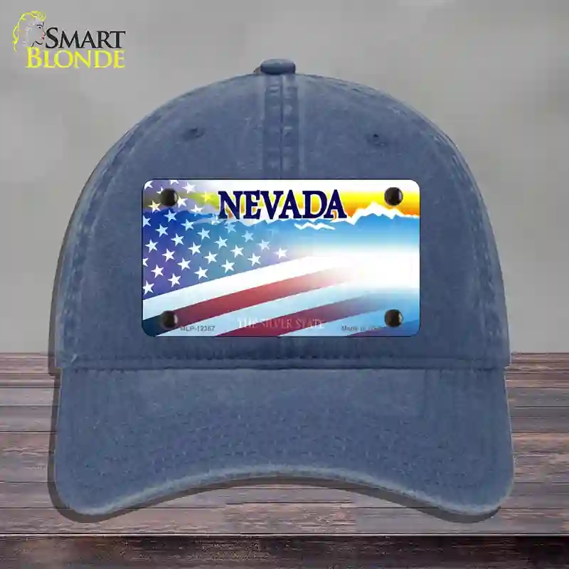 HAT11-MLP-12357 Nevada with American Flag Novelty License Plate Hat, Unconstructed Cotton - Navy