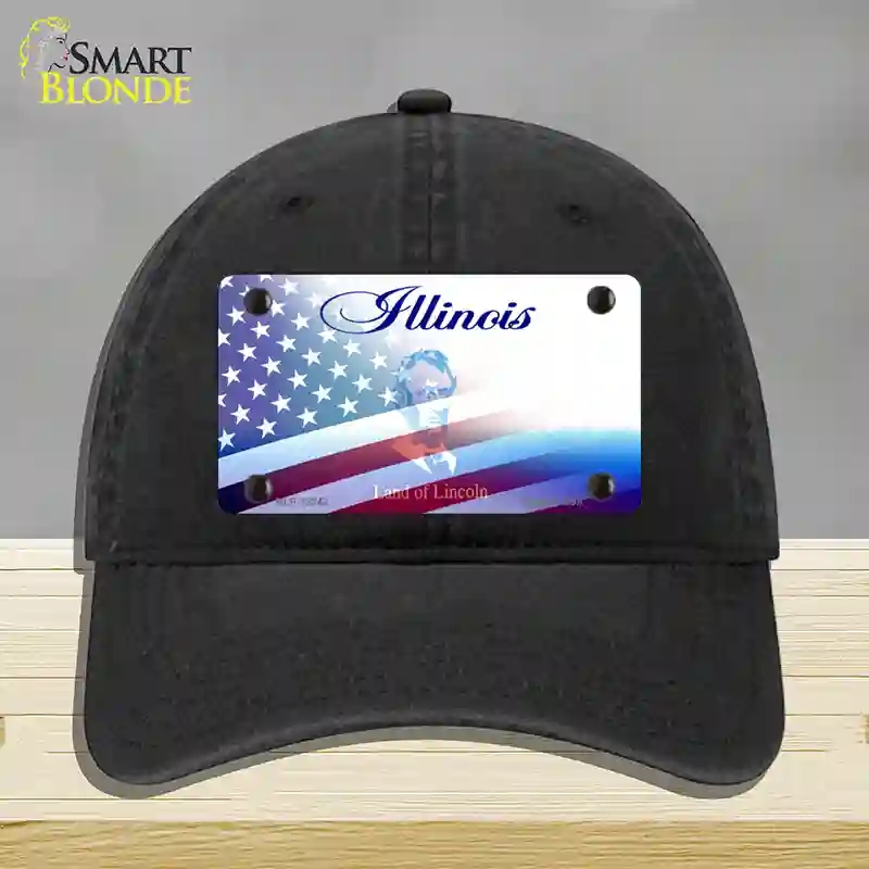 HAT07-MLP-12342 Illinois with American Flag Novelty License Plate Hat, Unconstructed Cotton - Black